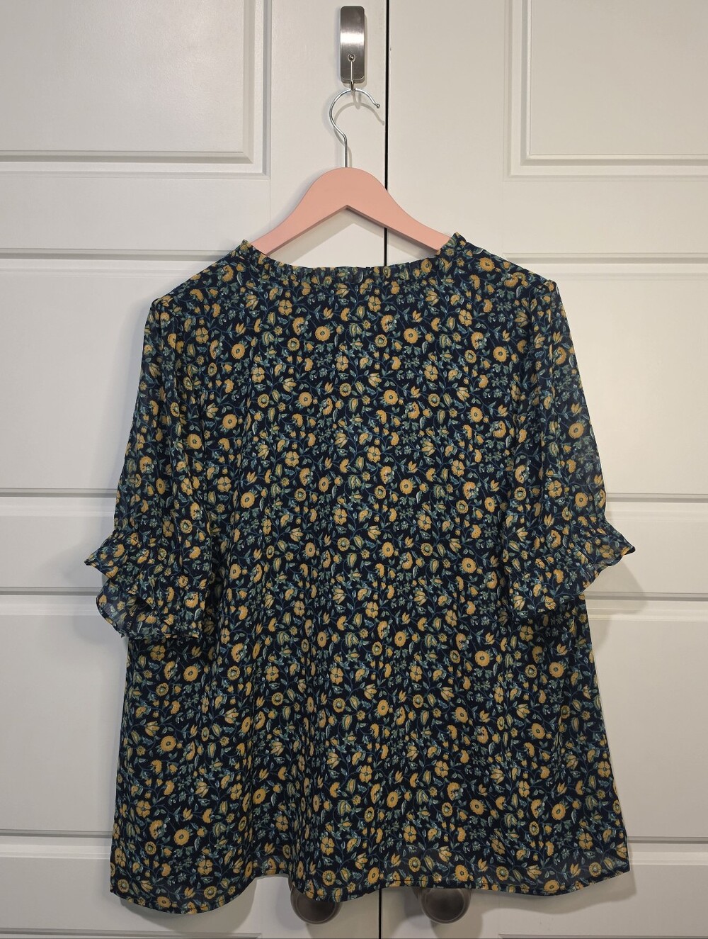 J.Crew Floral Short-Sleeve Ruffle Tie-Neck Blouse Navy Blue Size XXL - Picture 2 of 8